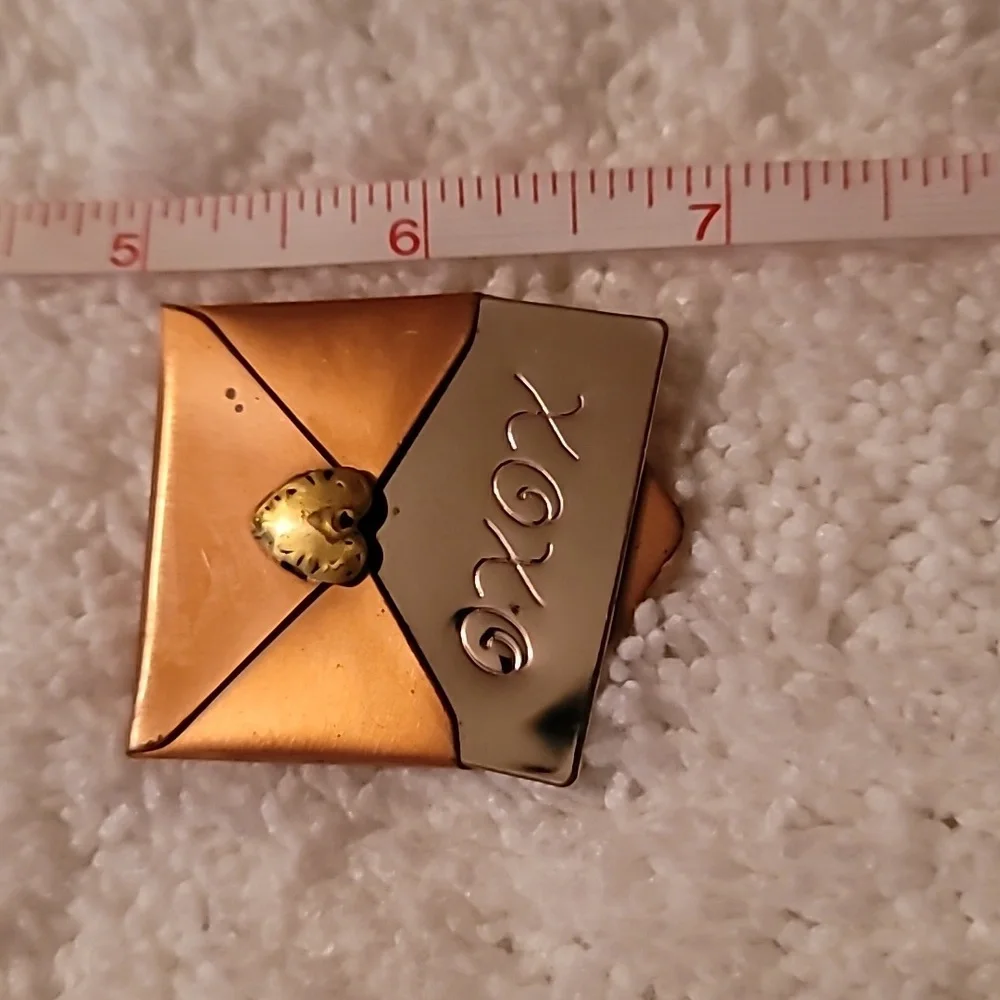 Estate Hallmark Envelope Copper Brass Tone‎ Silver XOXO Card & Envelope Brooch